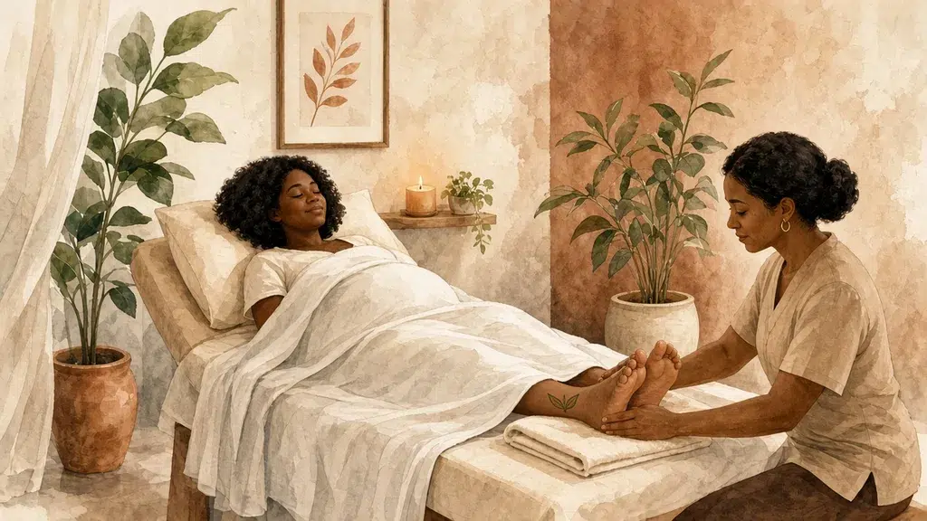 Watercolor illustration of a relaxing aromatherapy foot massage, semi-reclined, covered by a sheet