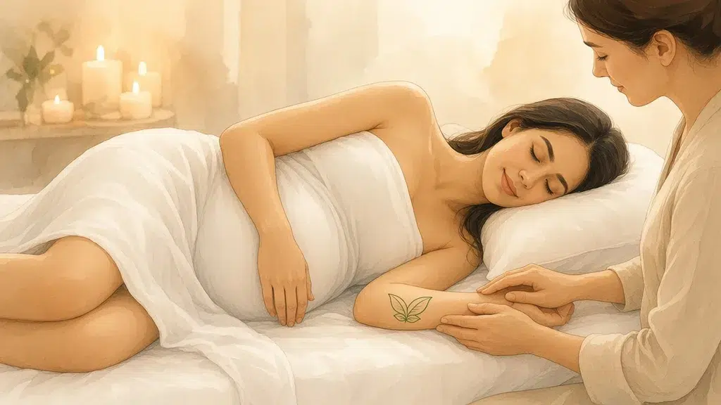 Watercolor illustration of a pregnant woman lying on her side with a pillow between her knees during a gentle arm massage