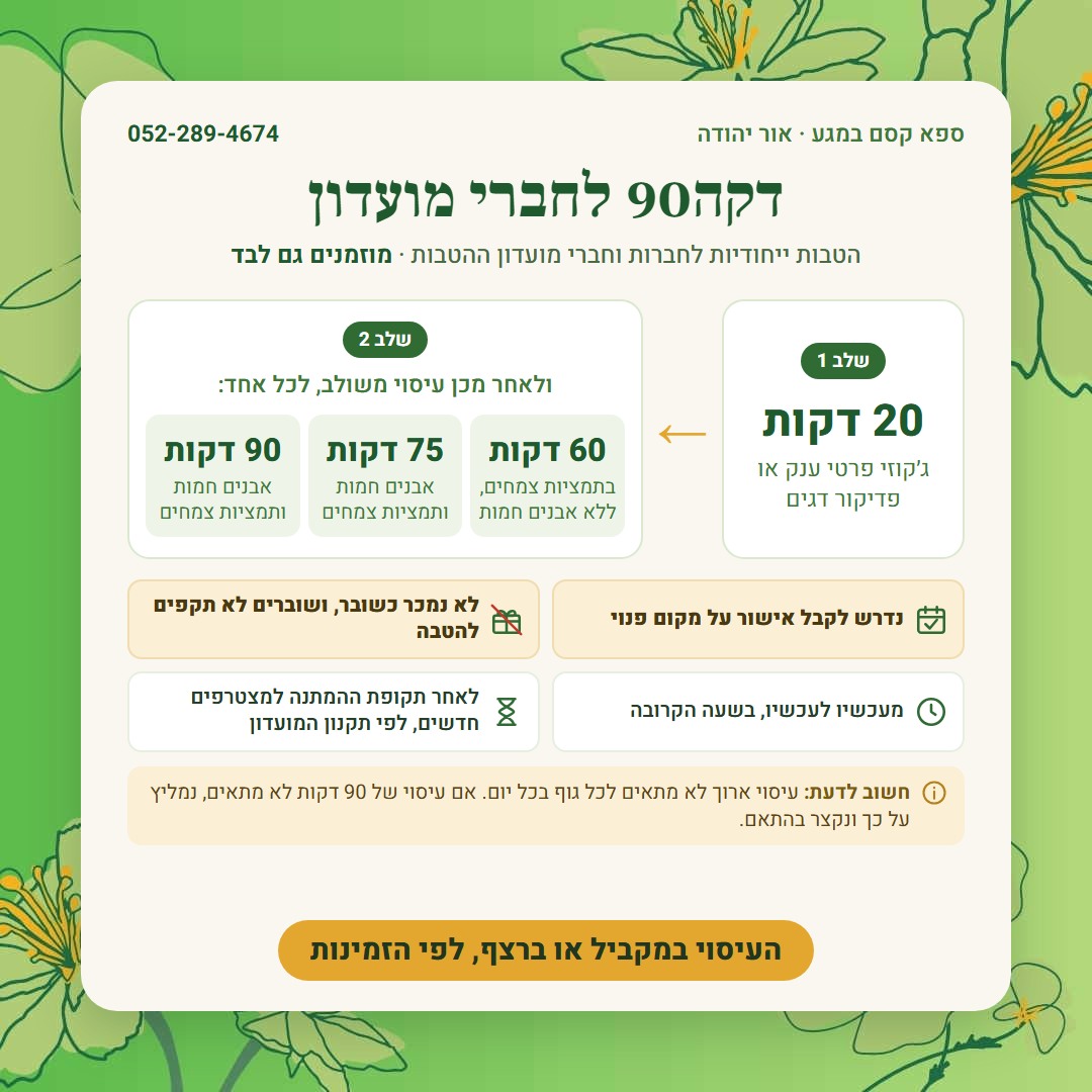 דקה90 לחברי מועדון בספא קסם במגע: ג'קוזי או פדיקור דגים ועיסוי ארוך של 60, 75 או 90 דקות