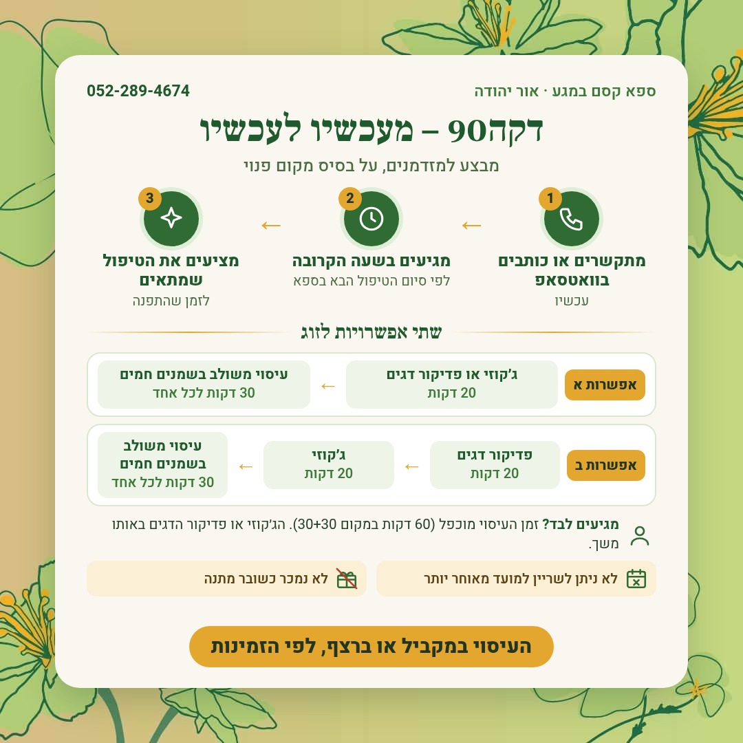 דקה90 בספא קסם במגע באור יהודה: מגיעים בשעה הקרובה, ג'קוזי או פדיקור דגים ועיסוי לזוג או ליחיד